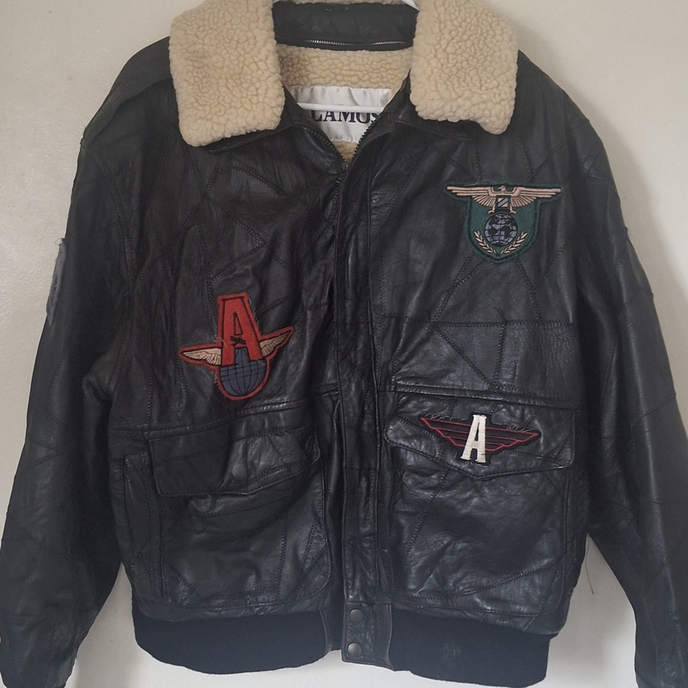 Alamos Black Bomber Jacket with Cream Collar and Patches